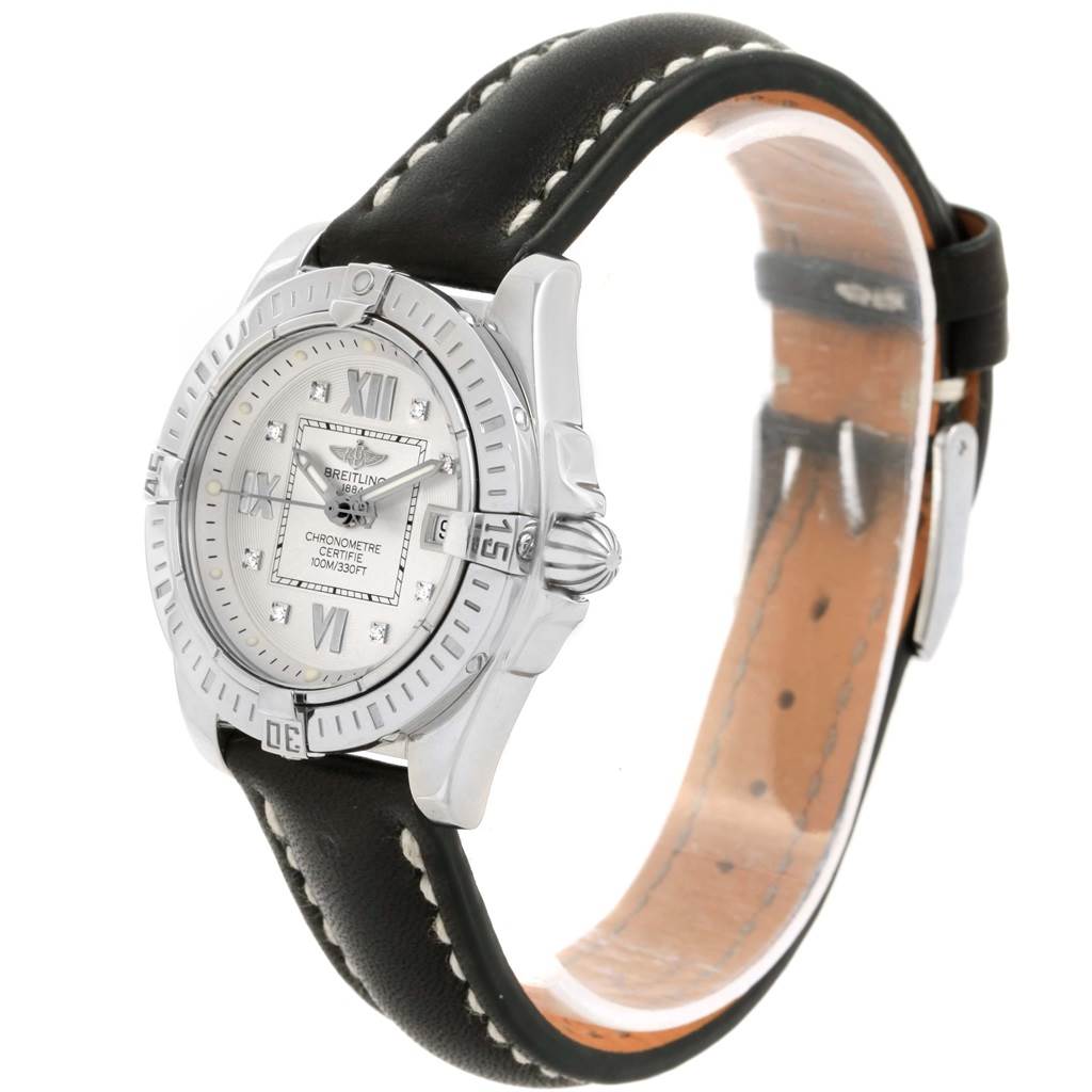 This Breitling A71356 Women's Stainless Steel Silver Dial A71356 Women's Stainless Steel Silver Dial Windrider Cockpit Diamond Dial Ladies Watch A71356 is angled to show the face, bezel, and leather strap.