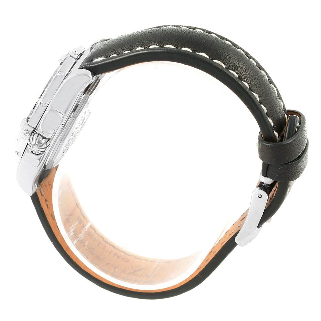 The image shows a side view of a Breitling A71356 Women's Stainless Steel Silver Dial A71356 Women's Stainless Steel Silver Dial Windrider Cockpit Diamond Dial Ladies Watch A71356, highlighting its case and leather strap.