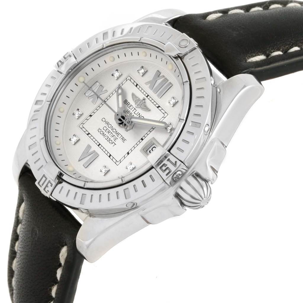The Breitling A71356 Women's Stainless Steel Silver Dial A71356 Women's Stainless Steel Silver Dial Windrider Cockpit Diamond Dial Ladies Watch A71356 is shown at an angle highlighting the dial, bezel, and part of the leather strap.