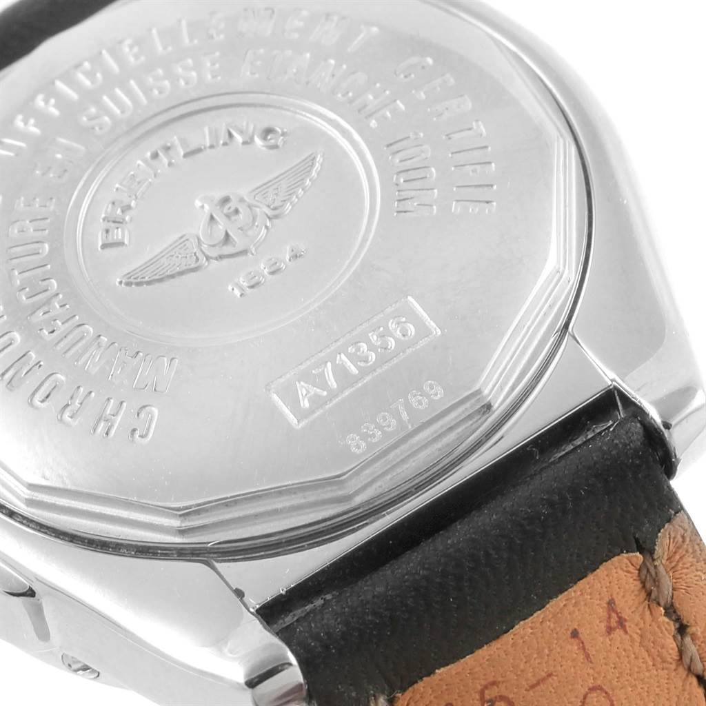 This image shows the back case and strap of the Breitling A71356 Women's Stainless Steel Silver Dial A71356 Women's Stainless Steel Silver Dial Windrider Cockpit Diamond Dial Ladies Watch A71356 model.