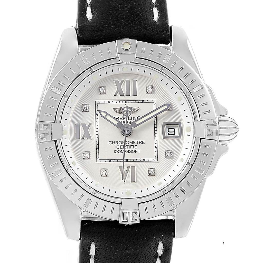 The image shows a front view of the Breitling A71356 Women's Stainless Steel Silver Dial A71356 Women's Stainless Steel Silver Dial Windrider Cockpit Diamond Dial Ladies Watch A71356.