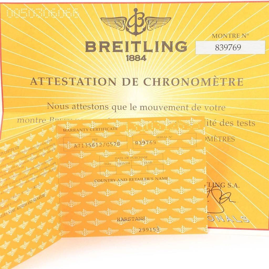 The image shows the certification and warranty papers for the Breitling A71356 Women's Stainless Steel Silver Dial A71356 Women's Stainless Steel Silver Dial Windrider Cockpit Diamond Dial Ladies Watch model A71356.