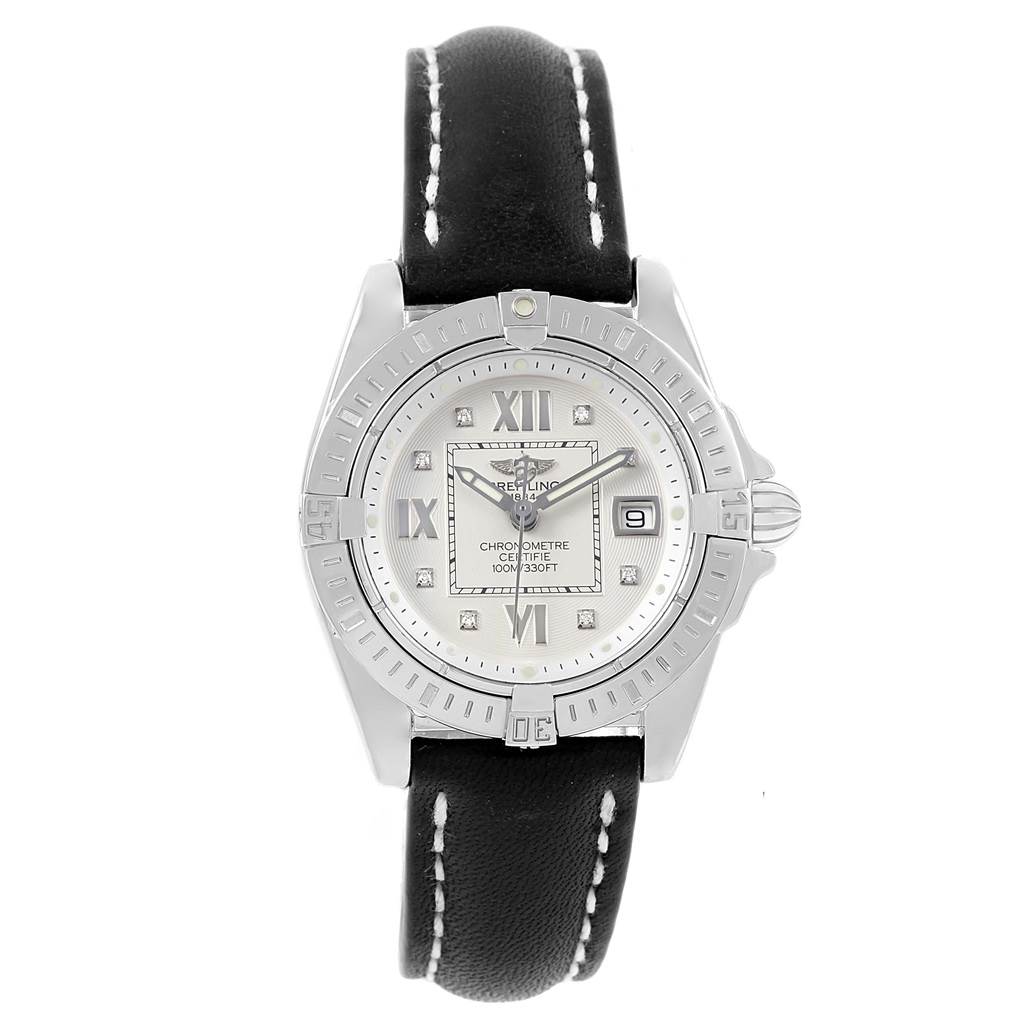 The image shows a front view of the Breitling A71356 Women's Stainless Steel Silver Dial A71356 Women's Stainless Steel Silver Dial Windrider Cockpit Diamond Dial Ladies Watch A71356 with black leather strap, silver bezel, and diamond markers.