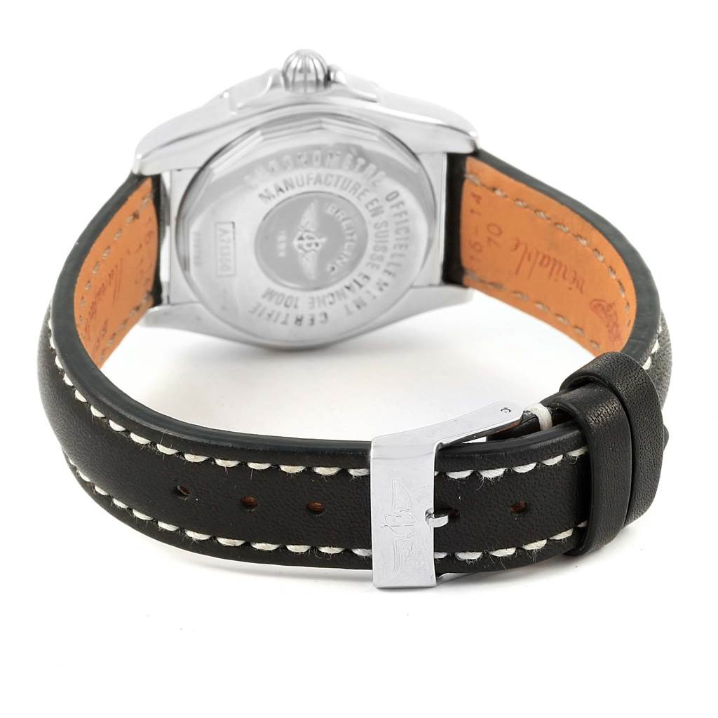 This image shows the back view of the Breitling A71356 Women's Stainless Steel Silver Dial A71356 Women's Stainless Steel Silver Dial Windrider Cockpit Diamond Dial Ladies Watch A71356, highlighting the case back and leather strap with stitching.