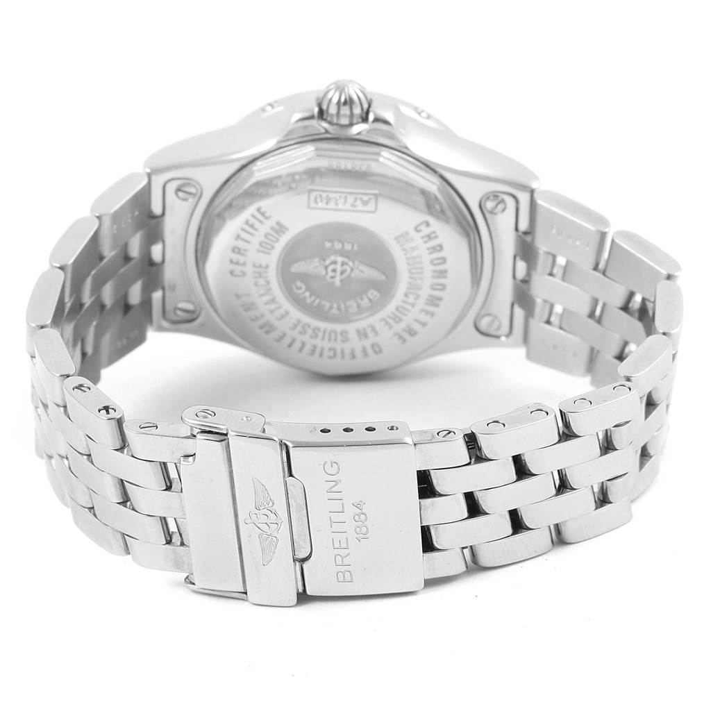 The image shows the back case and butterfly clasp of a Breitling A71340 Women's Stainless Steel Mother of Pearl Dial A71340 Women's Stainless Steel Mother of Pearl Dial Starliner Blue MOP Diamond Ladies Watch A71340.