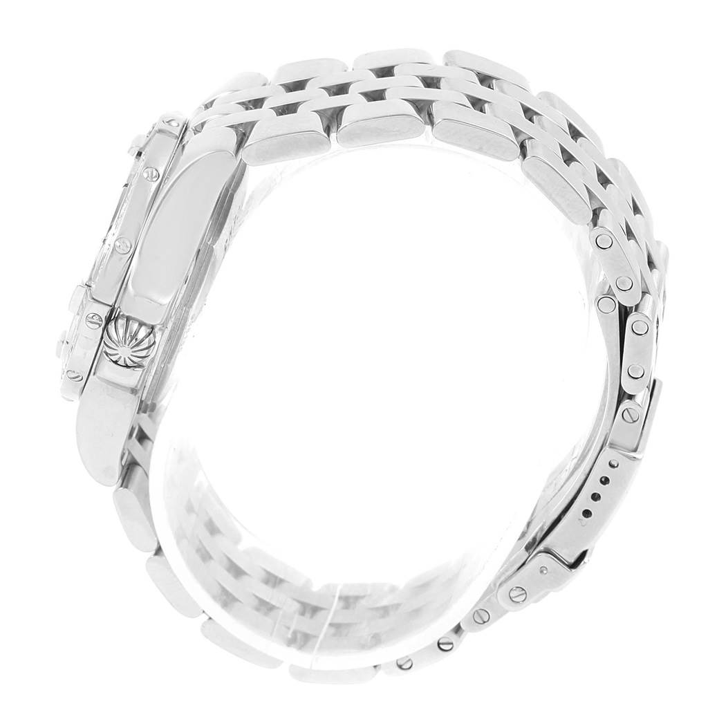 This image shows a side view of the bracelet and case of the Breitling A71340 Women's Stainless Steel Mother of Pearl Dial A71340 Women's Stainless Steel Mother of Pearl Dial Starliner Blue MOP Diamond Ladies Watch A71340.