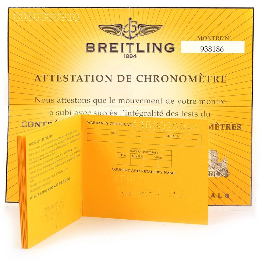 The image shows the warranty certificate and chronometer certificate for the Breitling A71340 Women's Stainless Steel Mother of Pearl Dial A71340 Women's Stainless Steel Mother of Pearl Dial Starliner Blue MOP Diamond Ladies Watch A71340.
