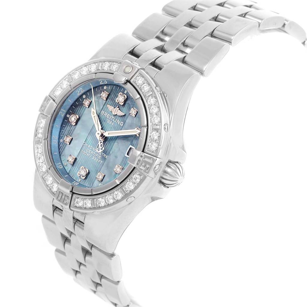 The Breitling A71340 Women's Stainless Steel Mother of Pearl Dial A71340 Women's Stainless Steel Mother of Pearl Dial Starliner Blue MOP Diamond Ladies Watch A71340 is shown at a slight diagonal angle, highlighting the face, bezel, and bracelet.