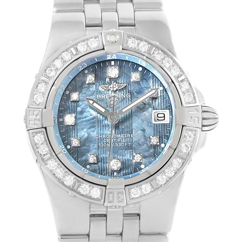 The image shows a front view of the Breitling Starliner Blue MOP Diamond Ladies Watch A71340, focusing on the dial, bezel, and bracelet.