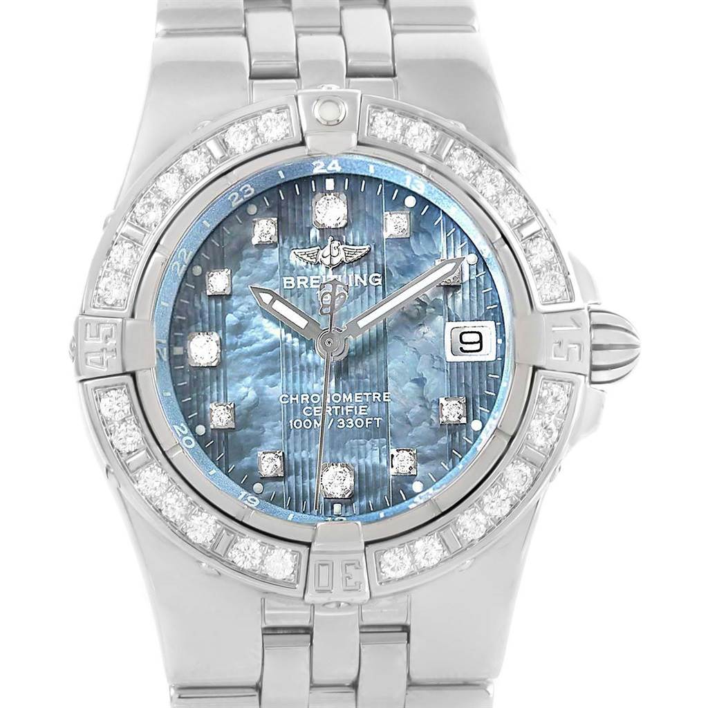 The image shows a front view of the Breitling A71340 Women's Stainless Steel Mother of Pearl Dial A71340 Women's Stainless Steel Mother of Pearl Dial Starliner Blue MOP Diamond Ladies Watch A71340, focusing on the dial, bezel, and bracelet.