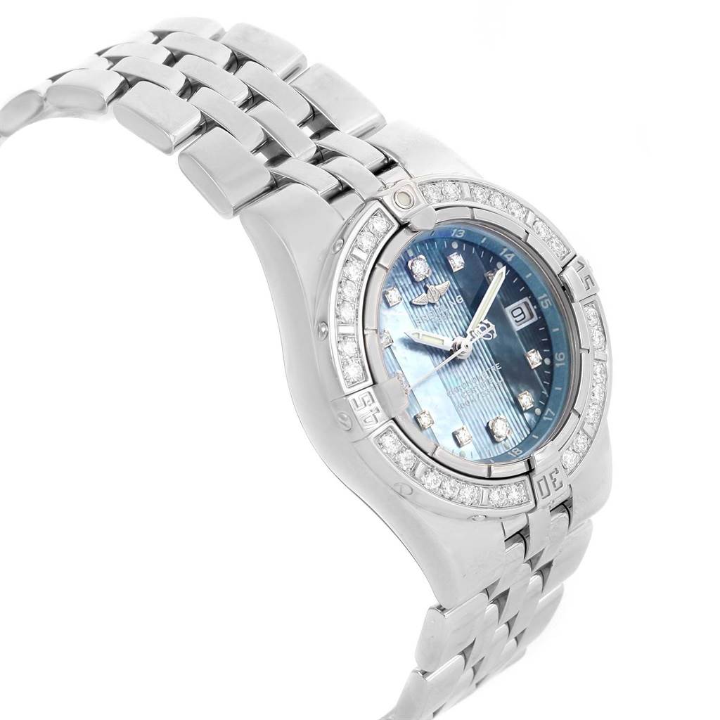 The image shows a side angle of the Breitling A71340 Women's Stainless Steel Mother of Pearl Dial A71340 Women's Stainless Steel Mother of Pearl Dial Starliner Blue MOP Diamond Ladies Watch A71340, highlighting the watch face and band.