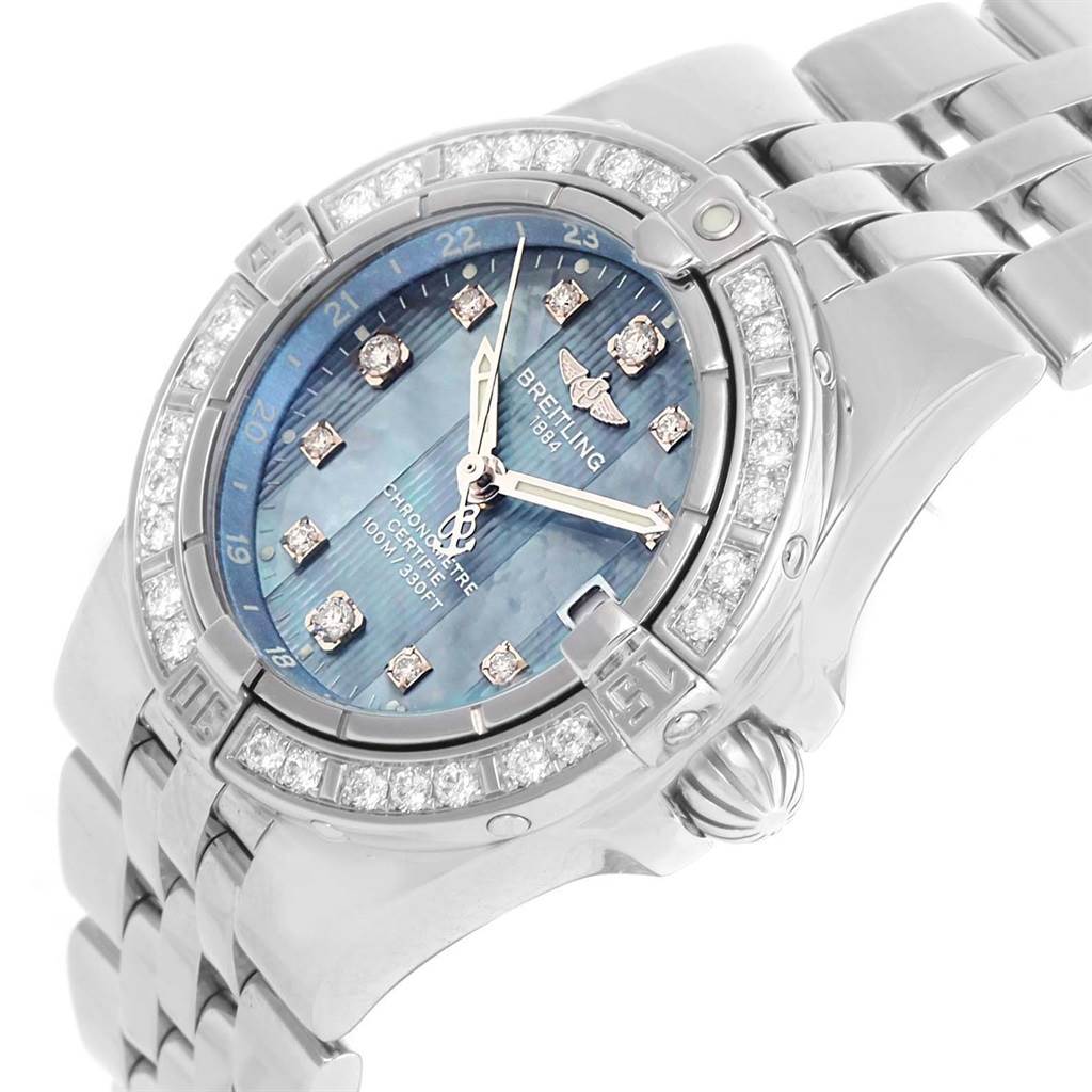 The Breitling A71340 Women's Stainless Steel Mother of Pearl Dial A71340 Women's Stainless Steel Mother of Pearl Dial Starliner Blue MOP Diamond Ladies Watch A71340 is shown at a slight angle, displaying the face, bezel, and bracelet.