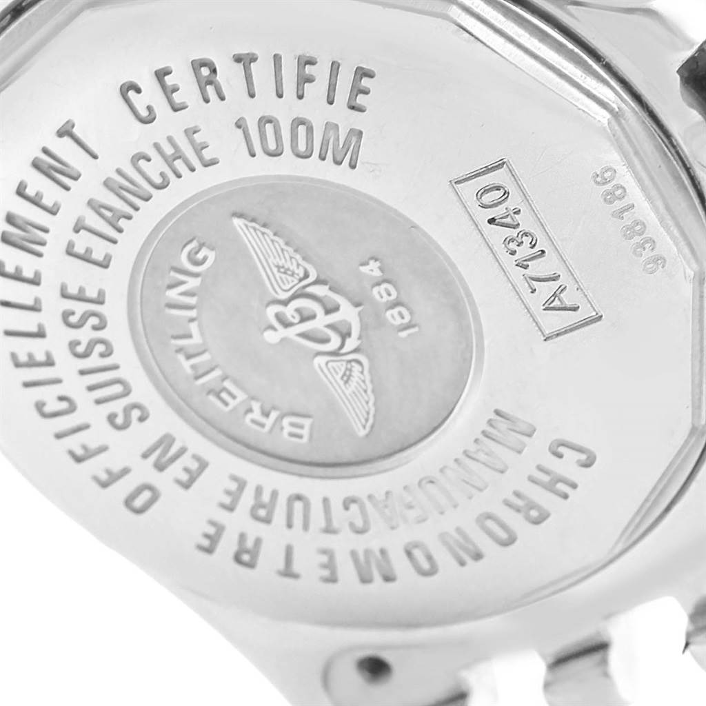 This image shows the case back of the Breitling A71340 Women's Stainless Steel Mother of Pearl Dial A71340 Women's Stainless Steel Mother of Pearl Dial Starliner Blue MOP Diamond Ladies Watch A71340 model.