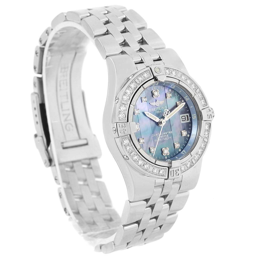 This image shows a side angle of the Breitling A71340 Women's Stainless Steel Mother of Pearl Dial A71340 Women's Stainless Steel Mother of Pearl Dial Starliner Blue MOP Diamonds Ladies Watch A71340, highlighting its bezel and bracelet.