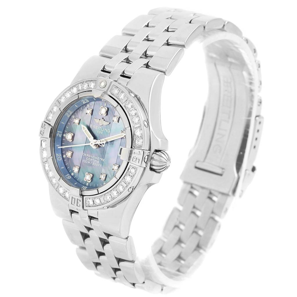 The image shows a side angle view of the Breitling A71340 Women's Stainless Steel Mother of Pearl Dial A71340 Women's Stainless Steel Mother of Pearl Dial Starliner Blue MOP Diamonds Ladies Watch A71340, highlighting its face and bracelet.
