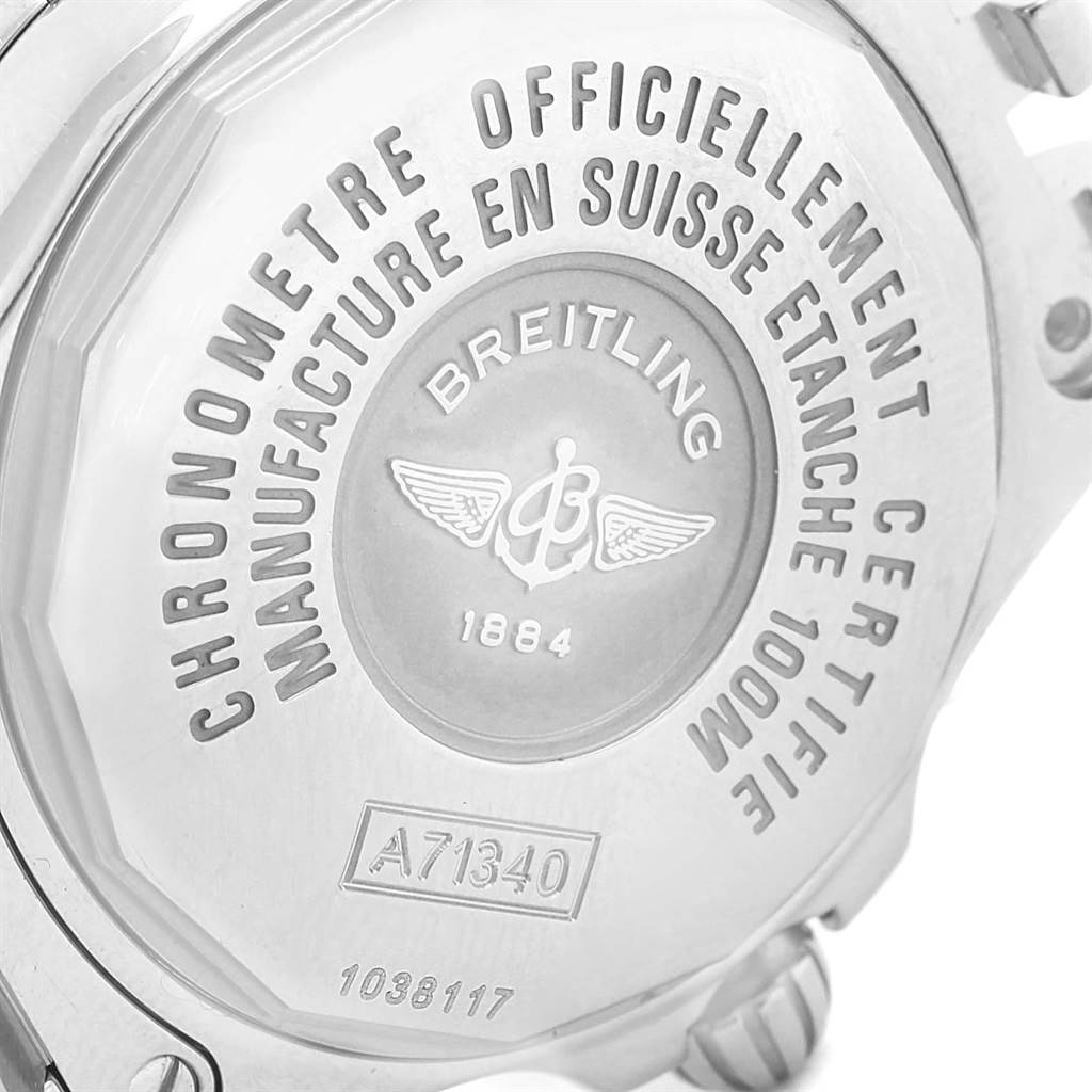 The image shows the back case of the Breitling A71340 Women's Stainless Steel Mother of Pearl Dial A71340 Women's Stainless Steel Mother of Pearl Dial Starliner Blue MOP Diamonds Ladies Watch model A71340, displaying inscriptions and the brand logo.