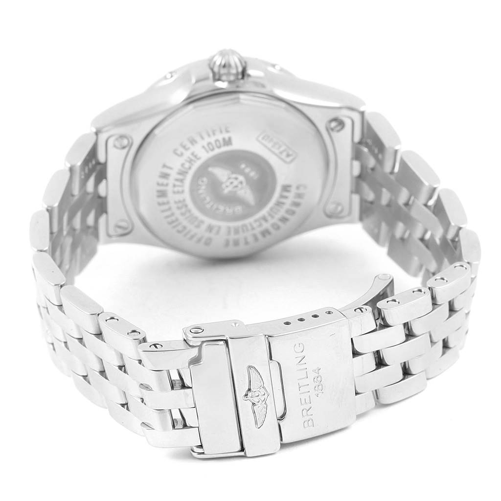 The image shows the back and clasp of the Breitling A71340 Women's Stainless Steel Mother of Pearl Dial A71340 Women's Stainless Steel Mother of Pearl Dial Starliner Blue MOP Diamonds Ladies Watch A71340.