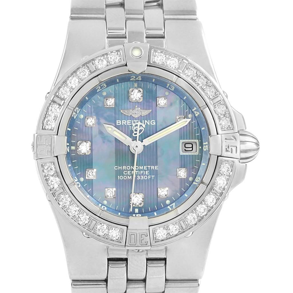 The image shows a front view of the Breitling A71340 Women's Stainless Steel Mother of Pearl Dial A71340 Women's Stainless Steel Mother of Pearl Dial Starliner Blue MOP Diamonds Ladies Watch A71340, highlighting its dial and bracelet.