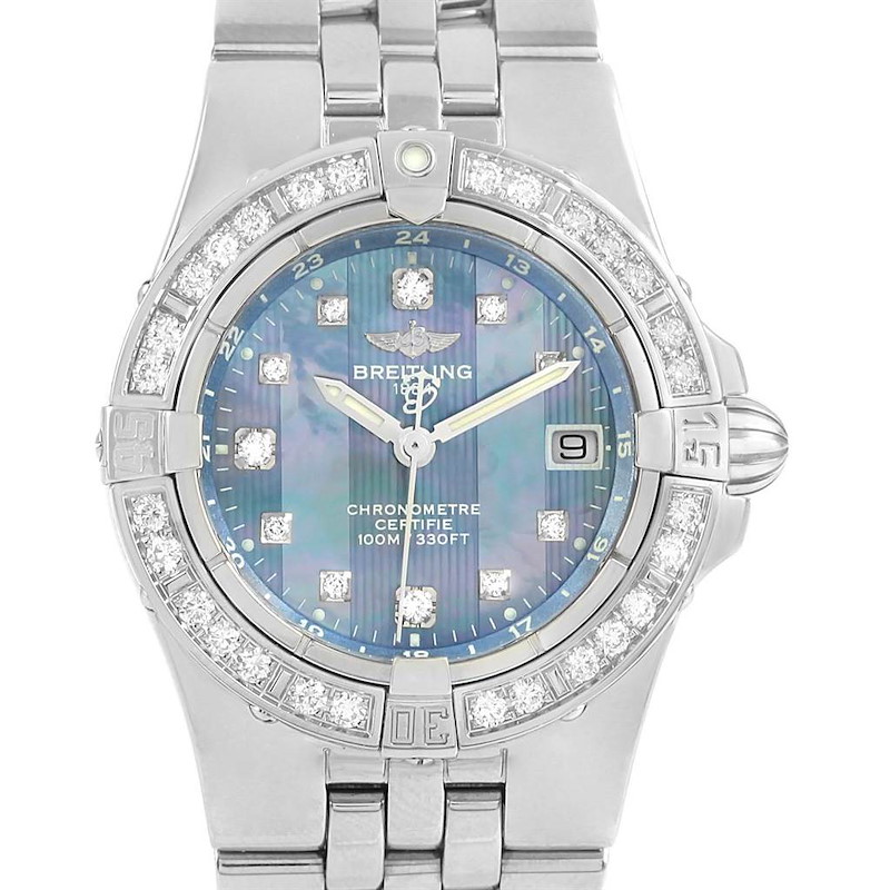 The image shows a front view of the Breitling Starliner Blue MOP Diamonds Ladies Watch A71340, highlighting its dial and bracelet.