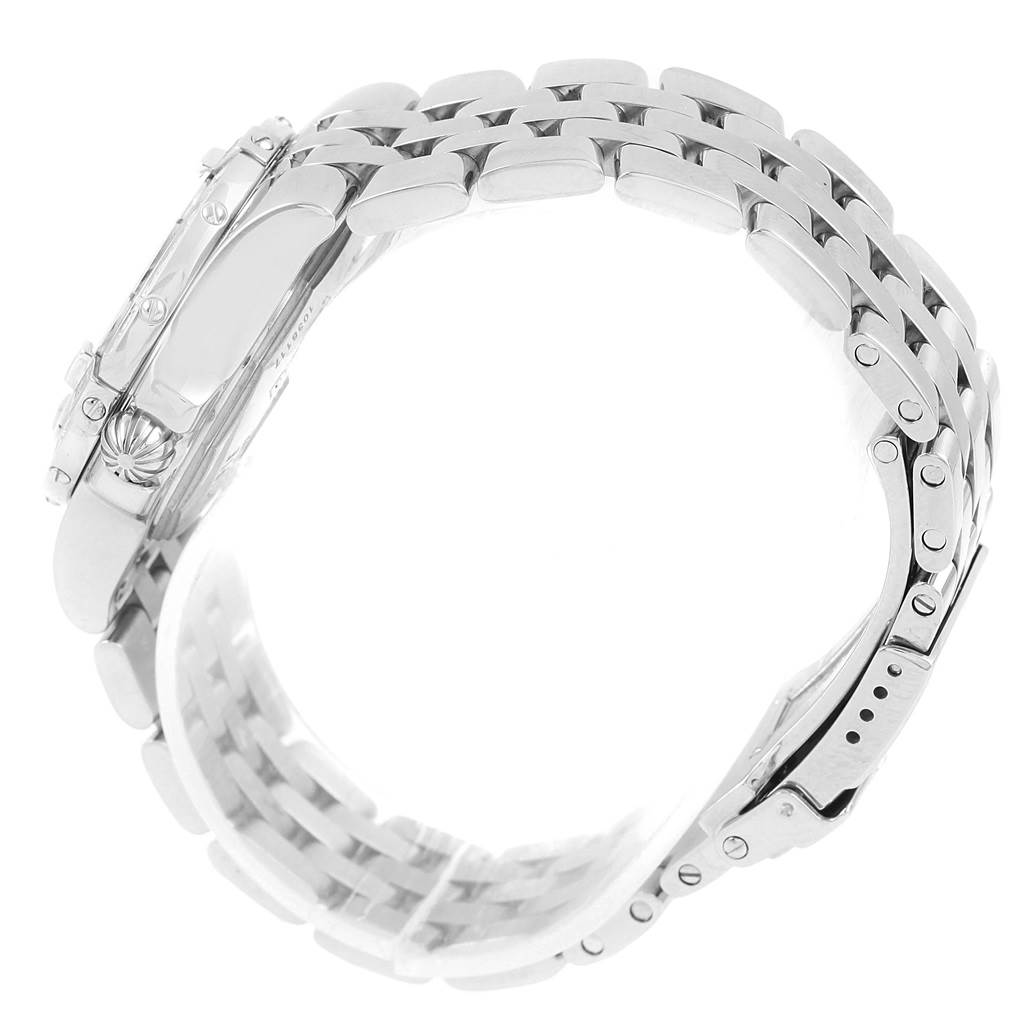 The image shows the side view and part of the bracelet of a Breitling A71340 Women's Stainless Steel Mother of Pearl Dial A71340 Women's Stainless Steel Mother of Pearl Dial Starliner Blue MOP Diamonds Ladies Watch A71340.