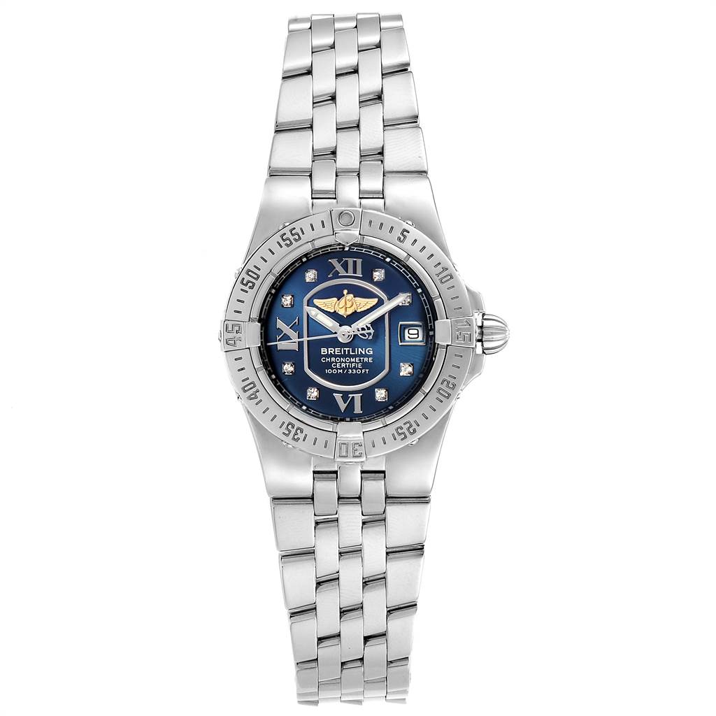 The image shows a front view of the Breitling A71340 Women's Stainless Steel Blue Dial A71340 Women's Stainless Steel Blue Dial Starliner Blue Diamond Dial Steel Ladies Watch model A71340.