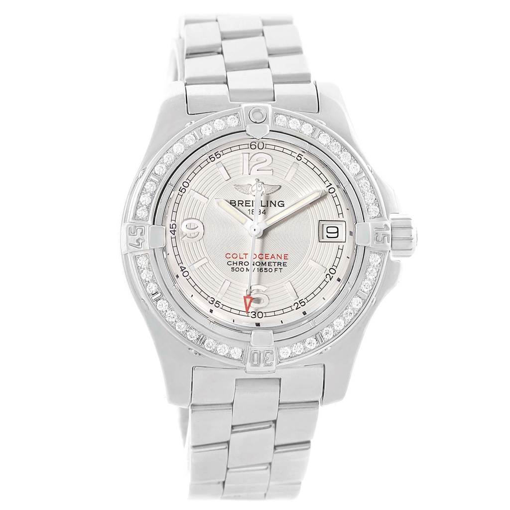 The image shows a front view of the Breitling A77380 Women's Stainless Steel Silver Dial A77380 Women's Stainless Steel Silver Dial Colt Oceane Stainless Steel Diamond Ladies Watch A77380, highlighting the face, bezel, and bracelet.