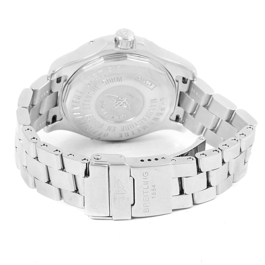 The image shows the back case, crown, and stainless steel bracelet of a Breitling A77380 Women's Stainless Steel Silver Dial A77380 Women's Stainless Steel Silver Dial Colt Oceane A77380 Ladies Watch.