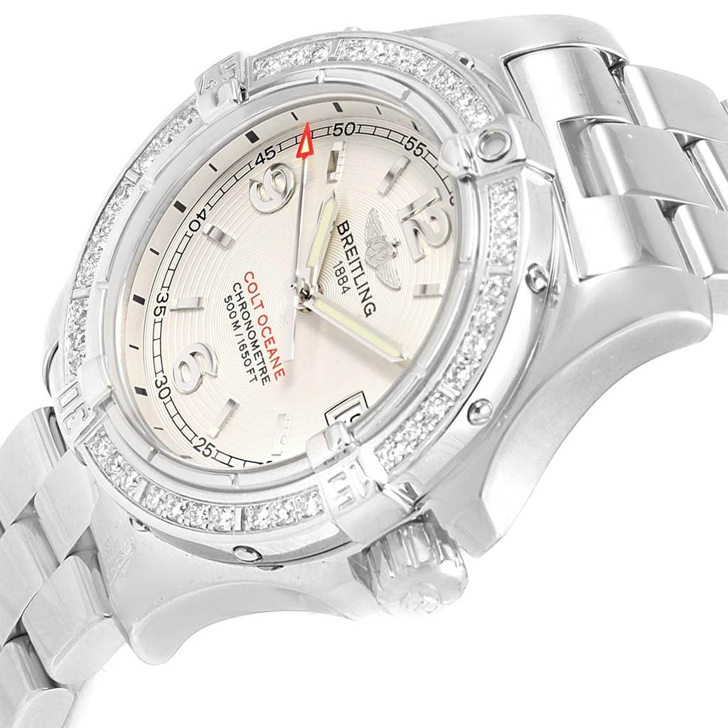 The image shows a close-up angled view of the Breitling A77380 Women's Stainless Steel Silver Dial A77380 Women's Stainless Steel Silver Dial Colt Oceane Stainless Steel Diamond Ladies Watch A77380, highlighting the face, bezel, and bracelet.
