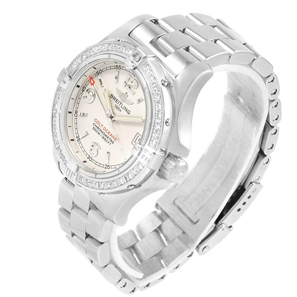 The Breitling A77380 Women's Stainless Steel Silver Dial A77380 Women's Stainless Steel Silver Dial Colt Oceane A77380 is shown at an angle displaying the face, bezel, crown, and stainless steel bracelet.