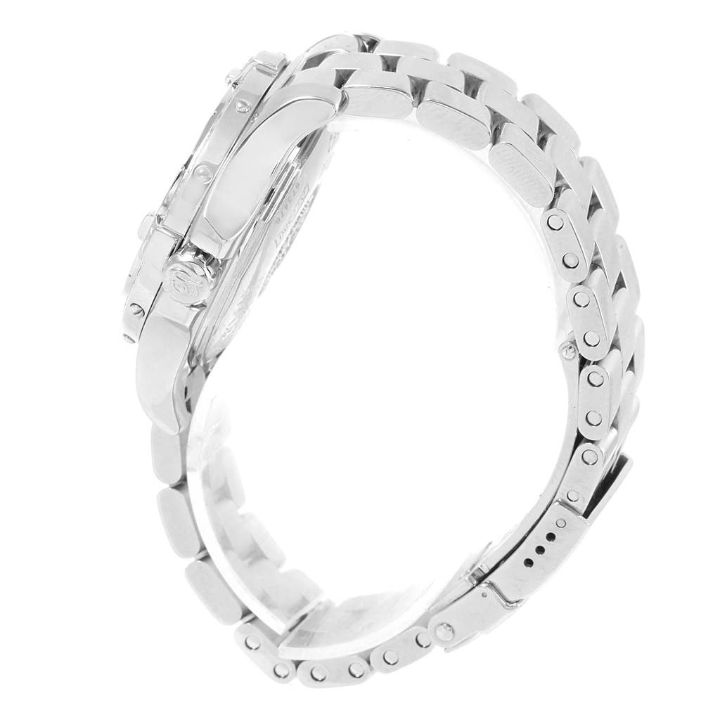 The image shows a Breitling A77380 Women's Stainless Steel Silver Dial A77380 Women's Stainless Steel Silver Dial Colt Oceane Stainless Steel Diamond Ladies Watch A77380 from a side angle, highlighting the bracelet and clasp.