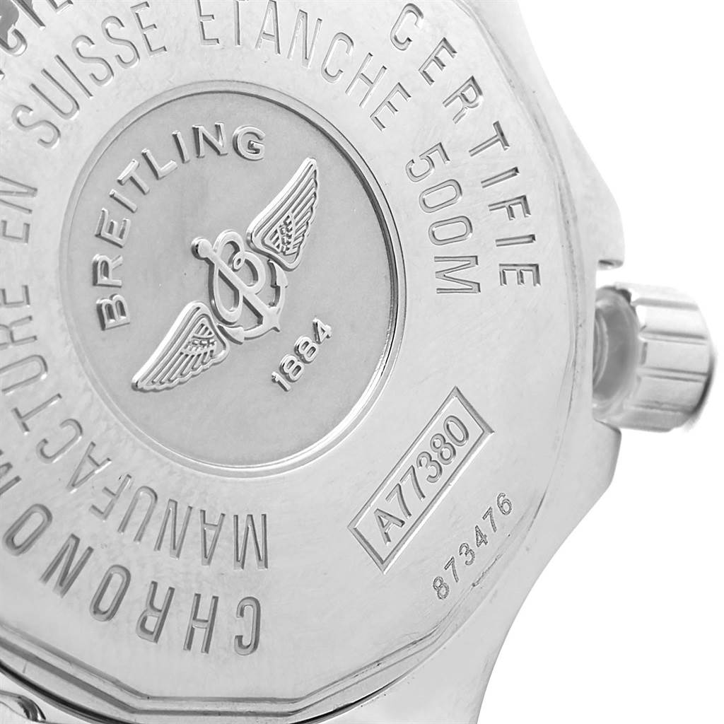 This image shows the back case and crown of the Breitling A77380 Women's Stainless Steel Silver Dial A77380 Women's Stainless Steel Silver Dial Colt Oceane Stainless Steel Diamond Ladies Watch A77380.