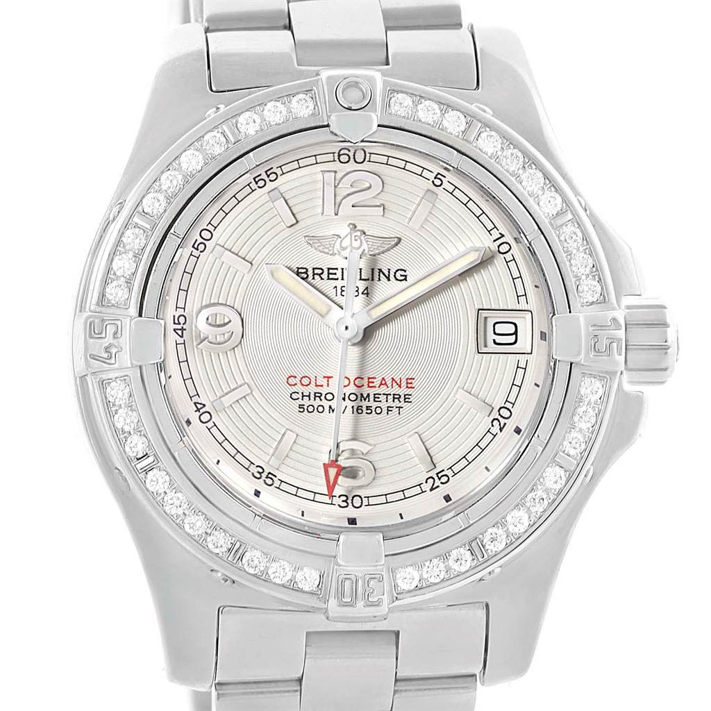 The image shows a front view of the Breitling A77380 Women's Stainless Steel Silver Dial A77380 Women's Stainless Steel Silver Dial Colt Oceane Stainless Steel Diamond Ladies Watch A77380, detailing the bezel, dial, and bracelet.