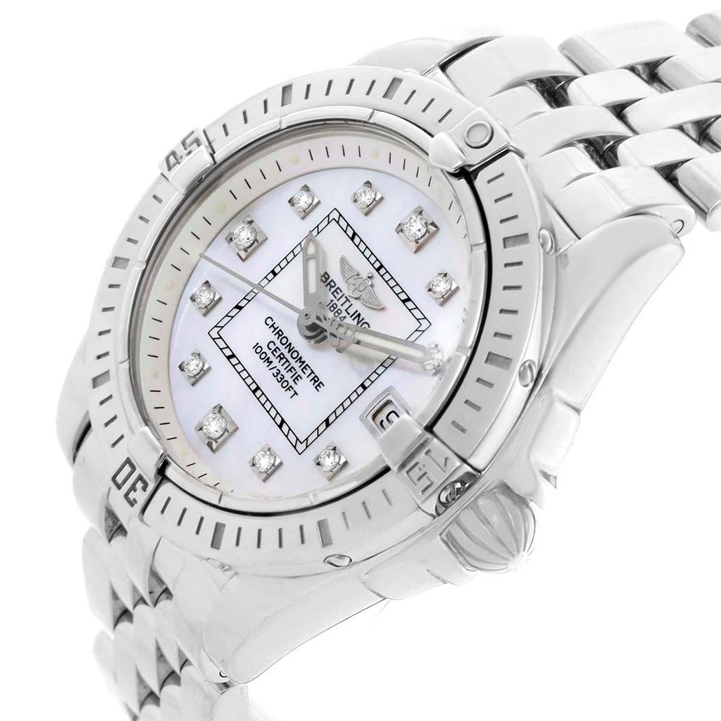 This image shows a close-up angle of the Breitling A71356 Women's Stainless Steel Mother of Pearl Dial A71356 Women's Stainless Steel Mother of Pearl Dial Cockpit Mother of Pearl Diamond Steel Ladies Watch model A71356, highlighting the watch face and band.