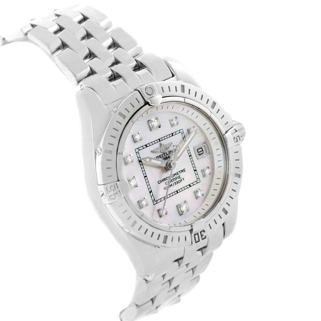The Breitling A71356 Women's Stainless Steel Mother of Pearl Dial A71356 Women's Stainless Steel Mother of Pearl Dial Cockpit A71356 is shown at a left-side angle, highlighting the face, bezel, bracelet, and crown.