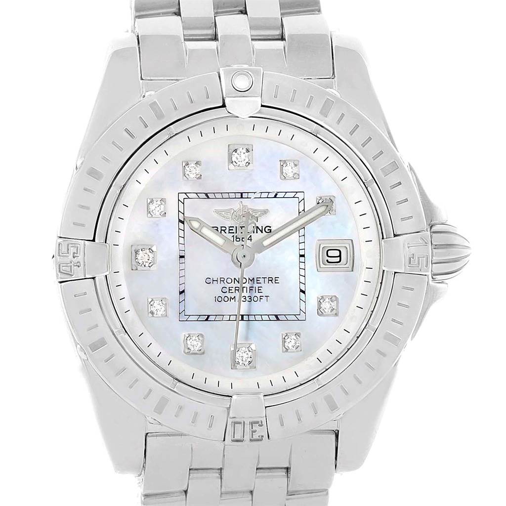 The Breitling A71356 Women's Stainless Steel Mother of Pearl Dial A71356 Women's Stainless Steel Mother of Pearl Dial Cockpit Mother of Pearl Diamond Steel Ladies Watch A71356 is shown from a top-down angle, highlighting the dial, bezel, and bracelet.