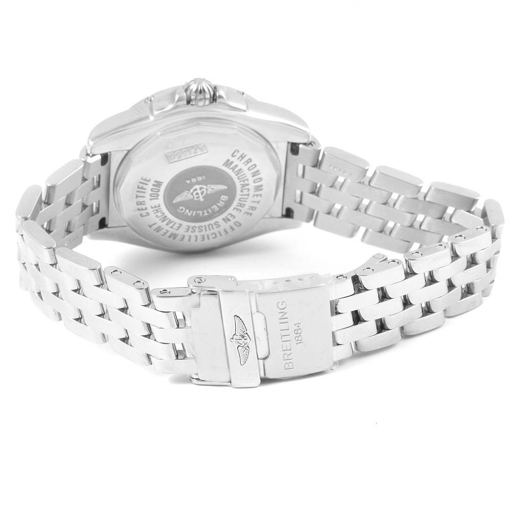 This image shows the back and bracelet of the Breitling A71356 Women's Stainless Steel Mother of Pearl Dial A71356 Women's Stainless Steel Mother of Pearl Dial Cockpit Mother of Pearl Diamond Steel Ladies Watch A71356.