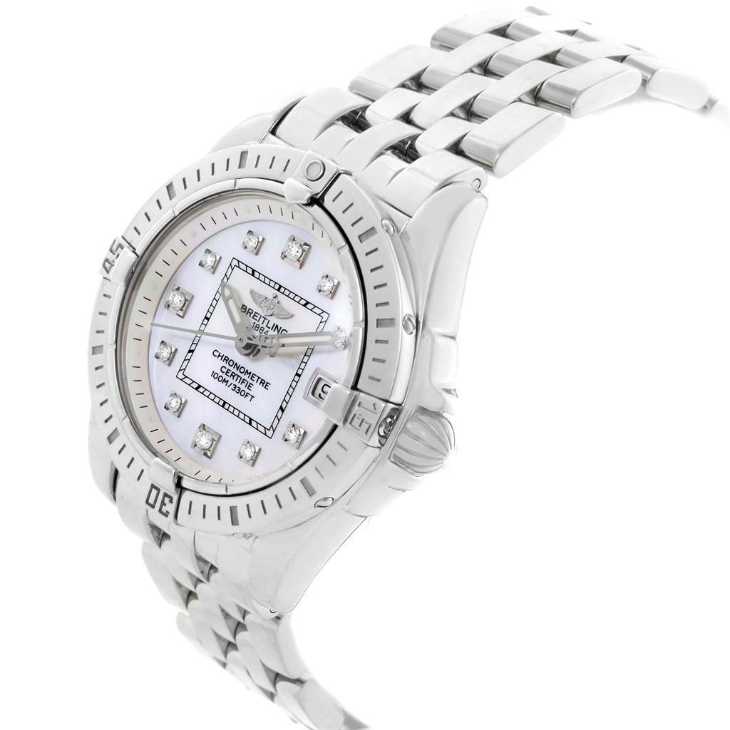 The Breitling A71356 Women's Stainless Steel Mother of Pearl Dial A71356 Women's Stainless Steel Mother of Pearl Dial Cockpit Mother of Pearl Diamond Steel Ladies Watch A71356 is shown at an angle highlighting its face, case, and bracelet.