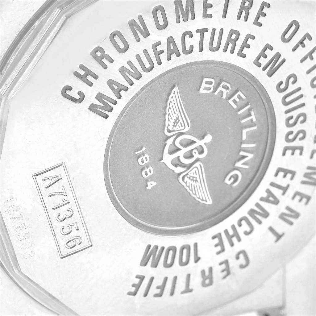 The image shows the back case of the Breitling A71356 Women's Stainless Steel Mother of Pearl Dial A71356 Women's Stainless Steel Mother of Pearl Dial Cockpit Mother of Pearl Diamond Steel Ladies Watch A71356 model.