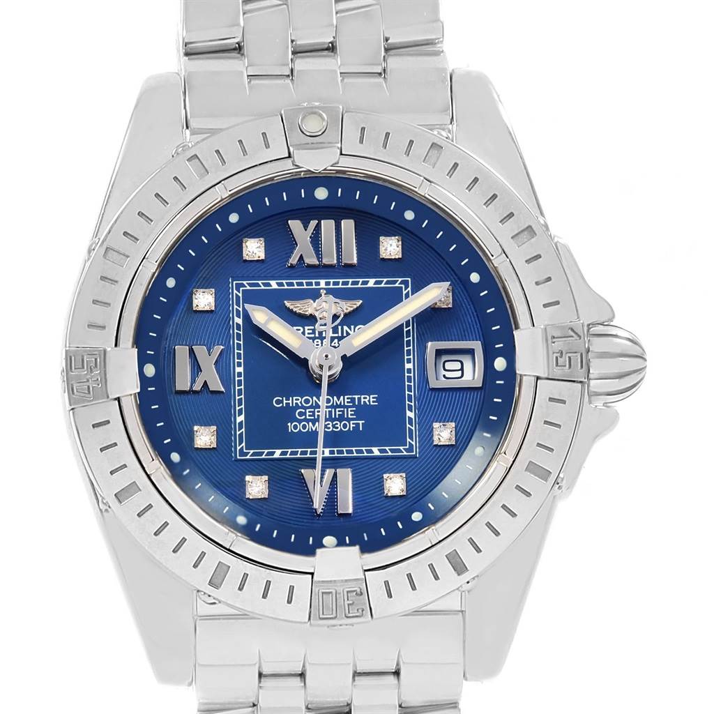 The Breitling A71356 Women's Stainless Steel Blue Dial A71356 Women's Stainless Steel Blue Dial Windrider Cockpit Blue Diamond Dial Ladies Watch A71356 is shown from a front angle, highlighting its face and bracelet.