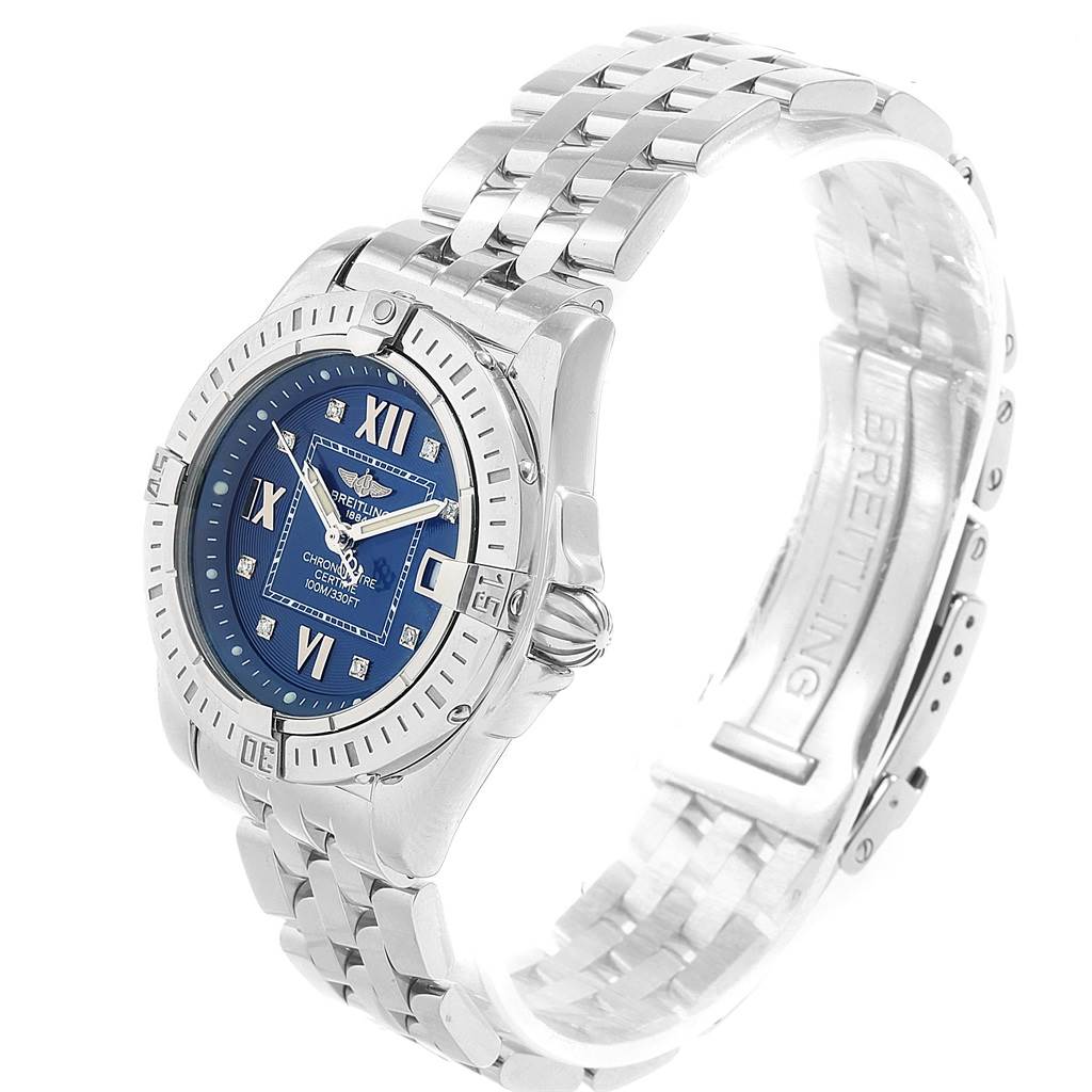 The Breitling A71356 Women's Stainless Steel Blue Dial A71356 Women's Stainless Steel Blue Dial Windrider Cockpit Ladies Watch A71356 is shown at an angled side view, highlighting the bracelet, bezel, and blue diamond dial.