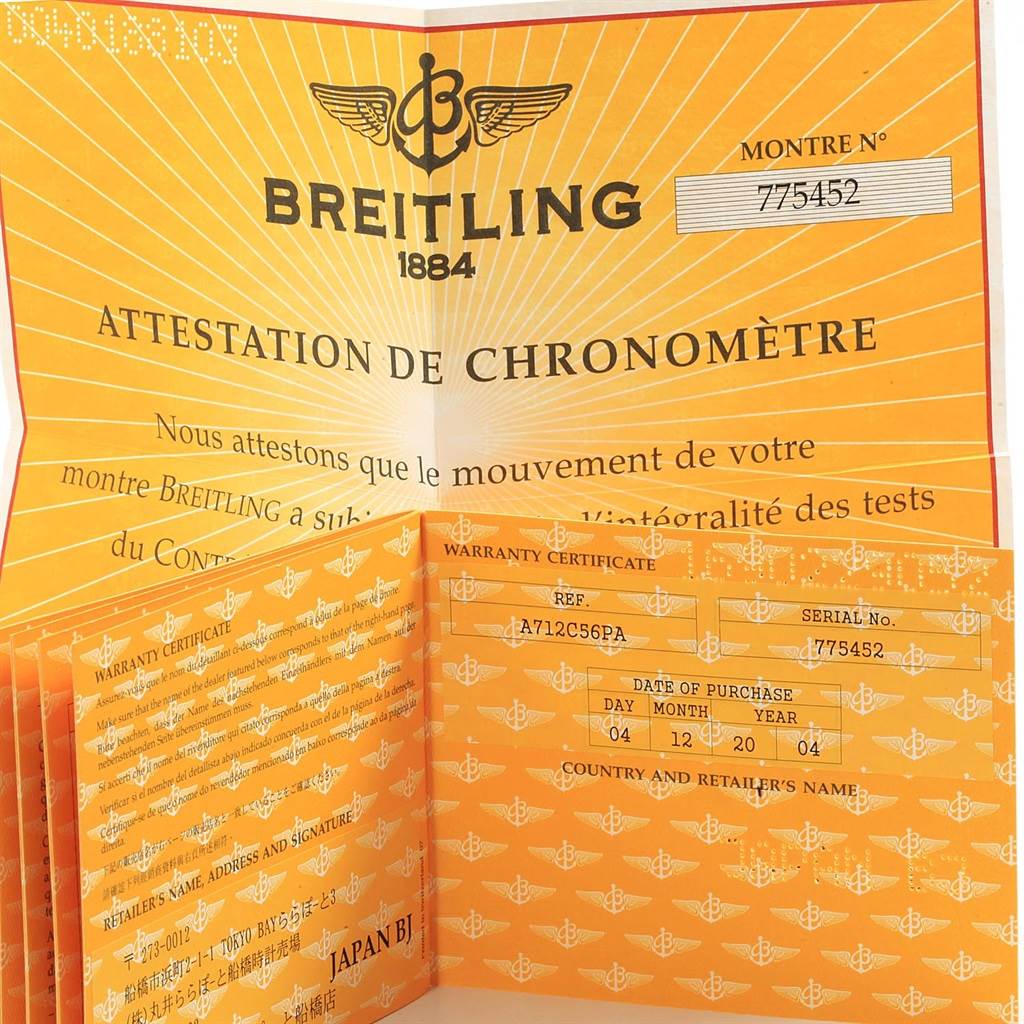 The image shows the warranty certificate and chronometer attestation for a Breitling A71356 Women's Stainless Steel Blue Dial A71356 Women's Stainless Steel Blue Dial Windrider Cockpit Blue Diamond Dial Ladies Watch A71356.