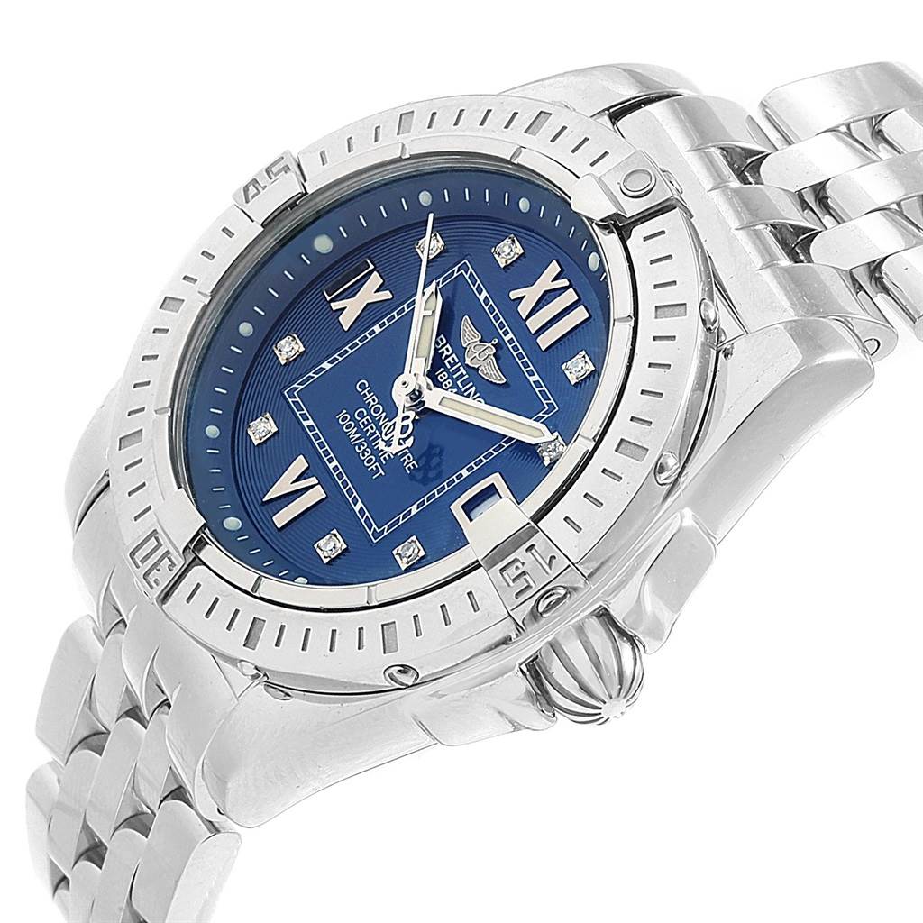 The image shows a Breitling A71356 Women's Stainless Steel Blue Dial A71356 Women's Stainless Steel Blue Dial Windrider Cockpit Blue Diamond Dial Ladies Watch A71356 at an angle highlighting its face and bracelet.