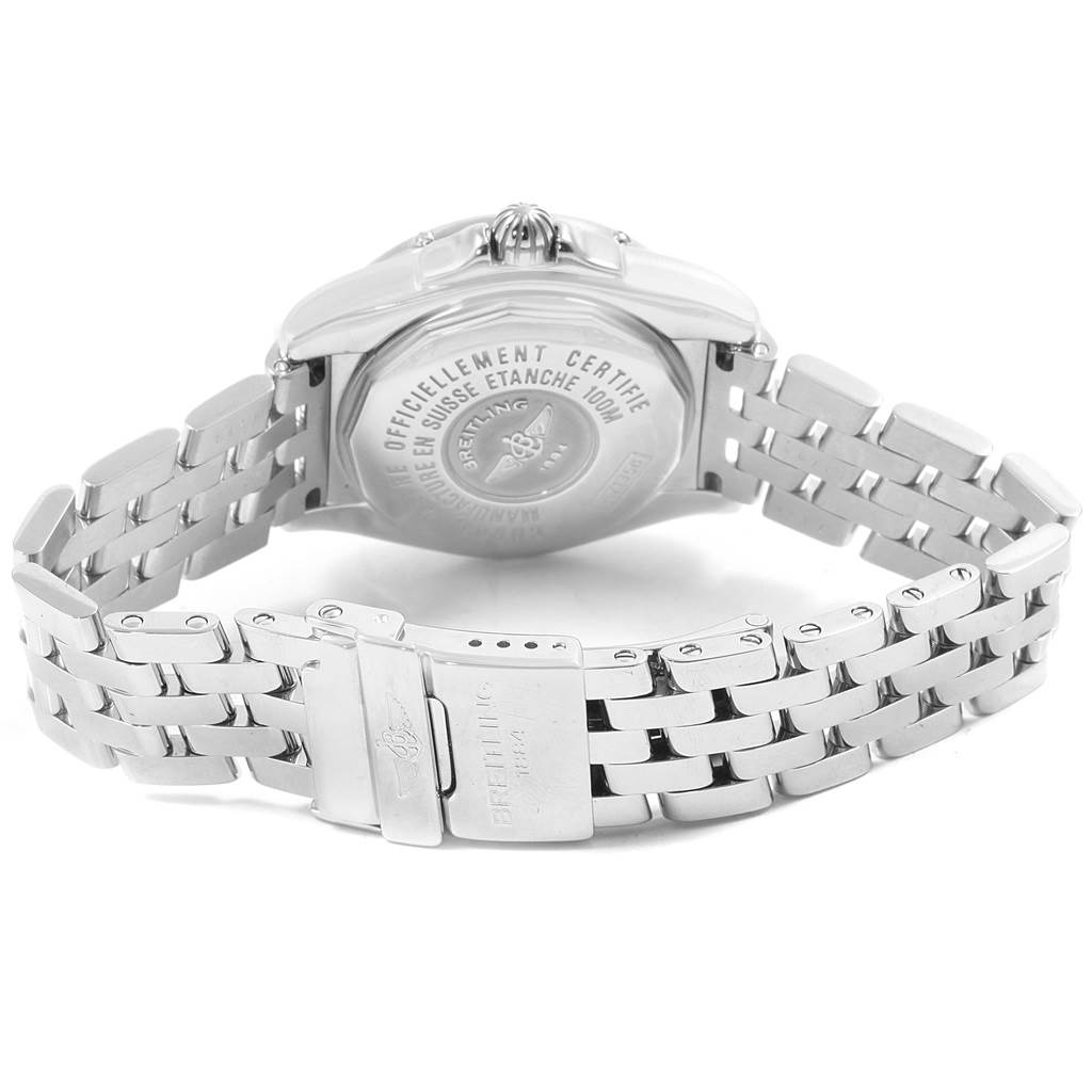 The image shows the back casing and bracelet clasp of a Breitling A71356 Women's Stainless Steel Blue Dial A71356 Women's Stainless Steel Blue Dial Windrider Cockpit Blue Diamond Dial Ladies Watch A71356.