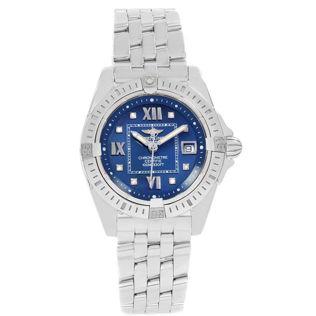 This image shows a front view of the Breitling A71356 Women's Stainless Steel Blue Dial A71356 Women's Stainless Steel Blue Dial Windrider Cockpit Blue Diamond Dial Ladies Watch A71356.