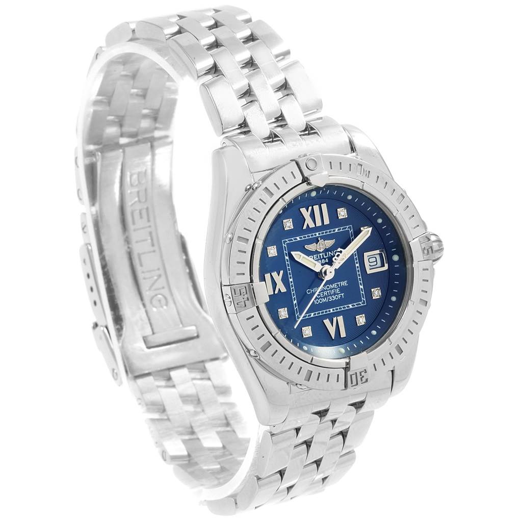The image shows a Breitling A71356 Women's Stainless Steel Blue Dial A71356 Women's Stainless Steel Blue Dial Windrider Cockpit Blue Diamond Dial Ladies Watch A71356 at a slight angle, highlighting the dial and metal bracelet.
