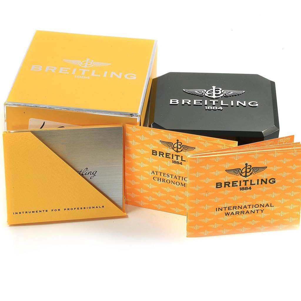 The image shows the box and papers for the Breitling A71356 Women's Stainless Steel Blue Dial A71356 Women's Stainless Steel Blue Dial Windrider Cockpit Blue Diamond Dial Ladies Watch A71356.