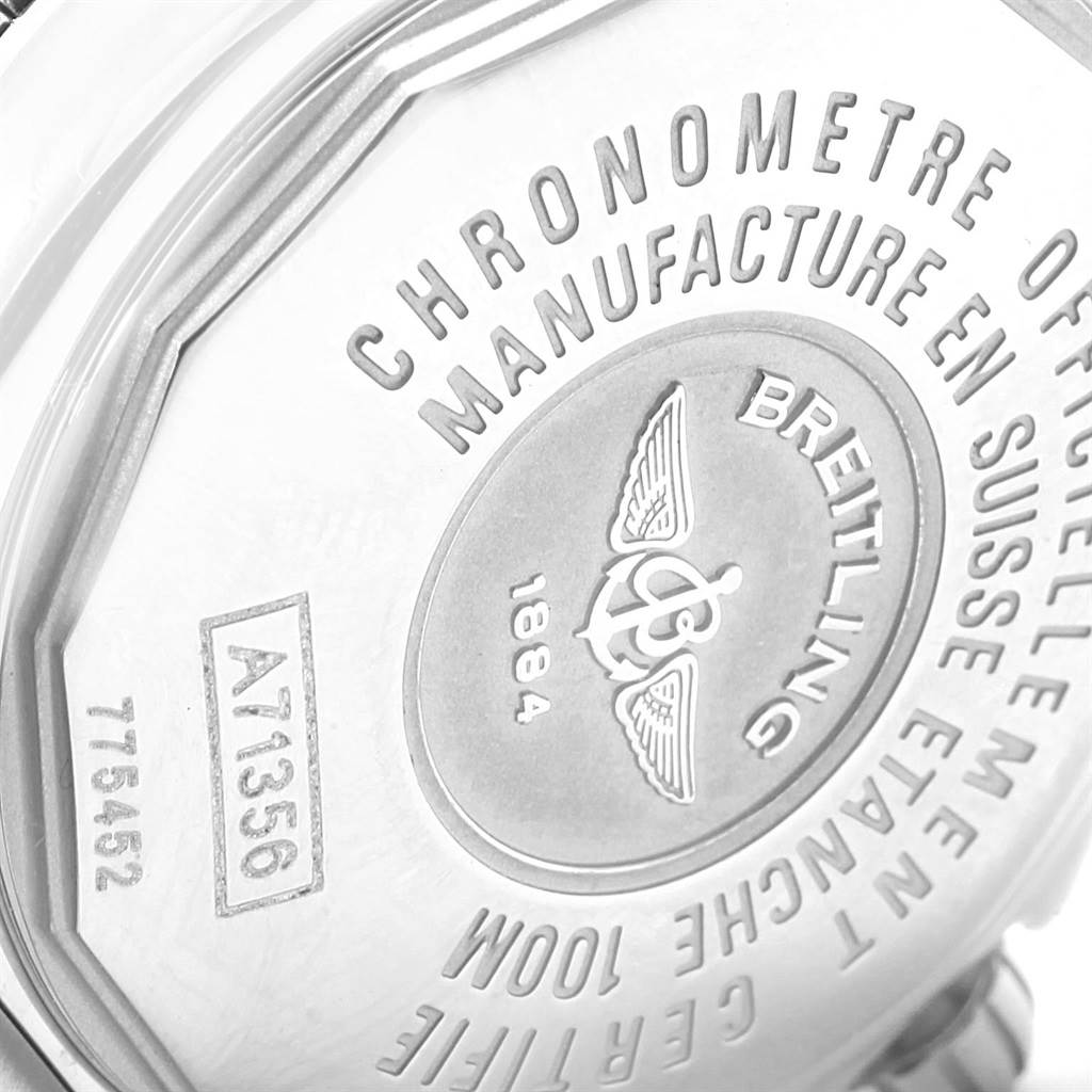 This image shows the back case of a Breitling A71356 Women's Stainless Steel Blue Dial A71356 Women's Stainless Steel Blue Dial Windrider Cockpit Blue Diamond Dial Ladies Watch A71356.