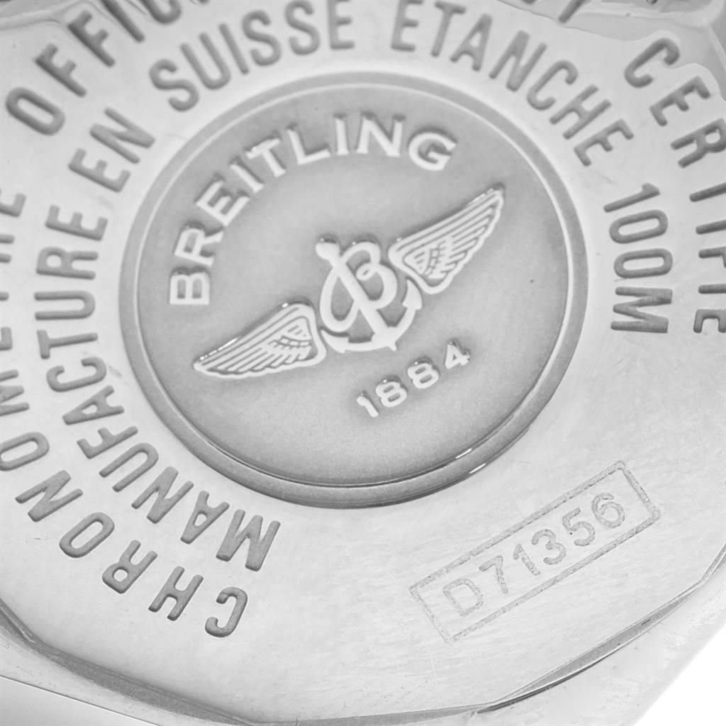 The image shows a close-up of the back casing of the Breitling D71356 Women's Stainless Steel Mother of Pearl Dial D71356 Women's Stainless Steel Mother of Pearl Dial Cockpit Ladies Steel 18K Yellow Gold Diamond Watch, model D71356.