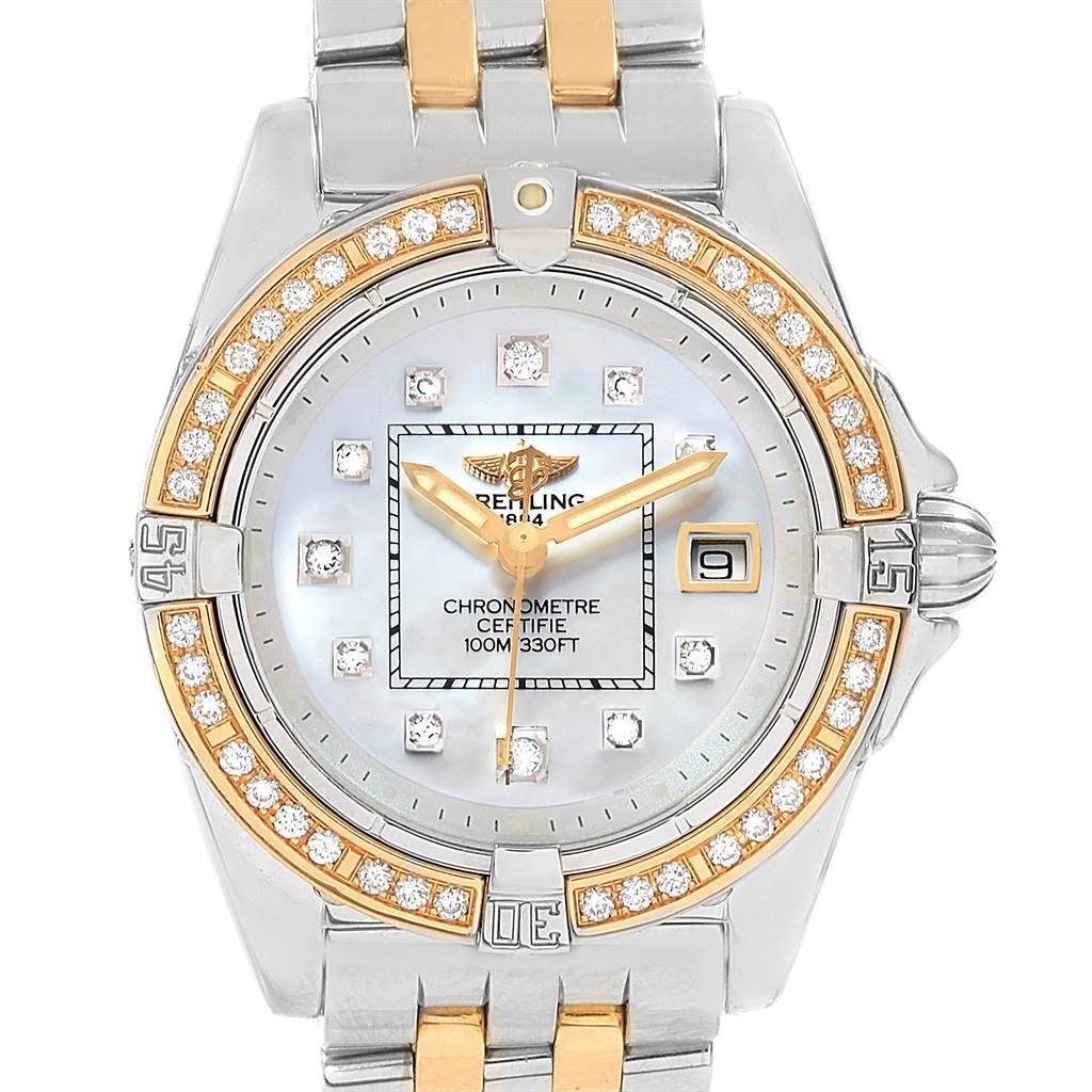 The image shows a front view of the Breitling D71356 Women's Stainless Steel Mother of Pearl Dial D71356 Women's Stainless Steel Mother of Pearl Dial Cockpit Ladies Steel 18K Yellow Gold Diamond Watch D71356.
