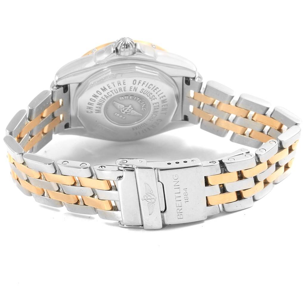 The image shows the back and bracelet of the Breitling D71356 Women's Stainless Steel Mother of Pearl Dial D71356 Women's Stainless Steel Mother of Pearl Dial Cockpit Ladies Steel 18K Yellow Gold Diamond Watch D71356 model.